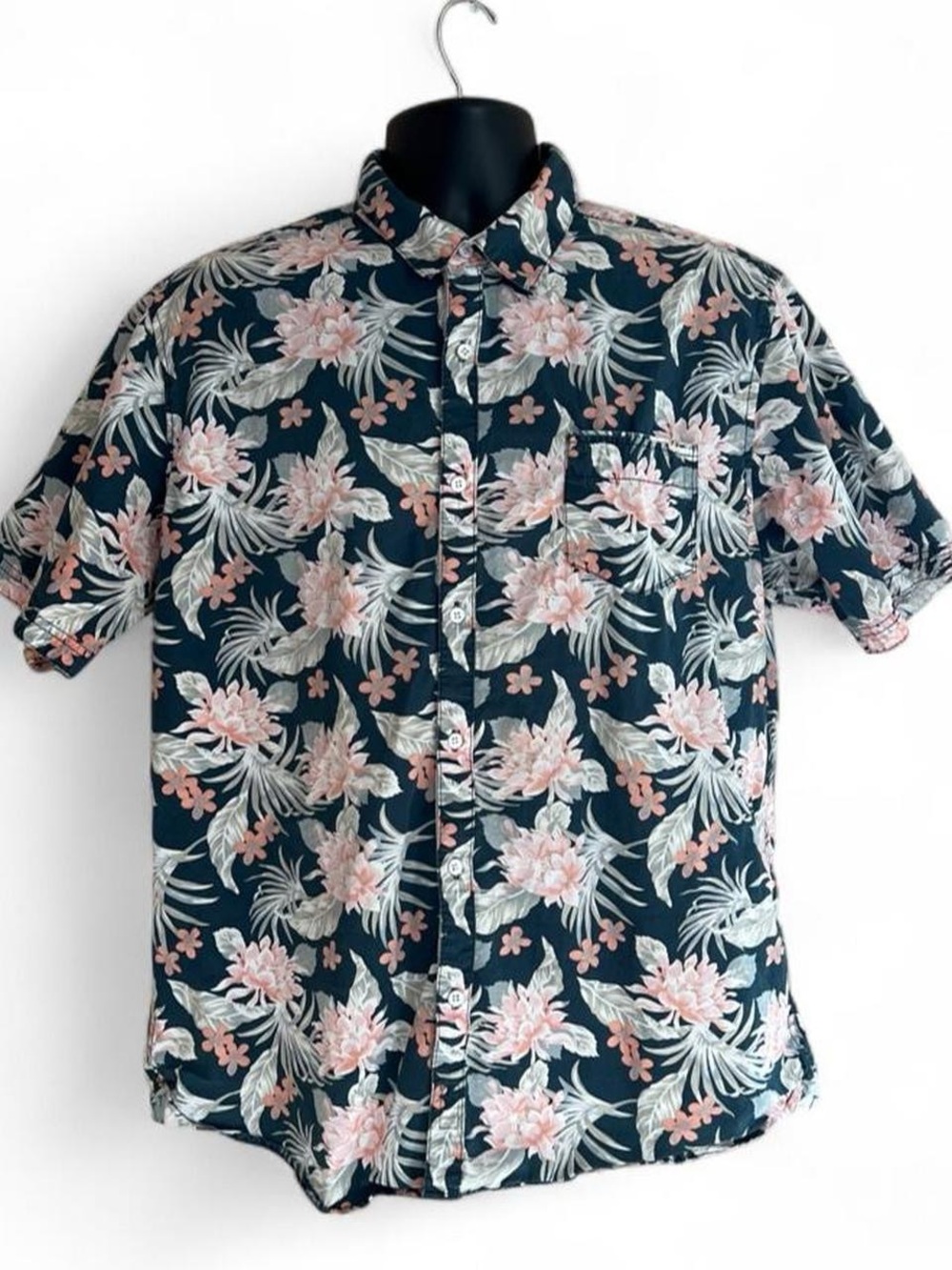 Paper Denim & Cloth Navy Short-Sleeve Floral Button-Down Shirt with Pink Blooms